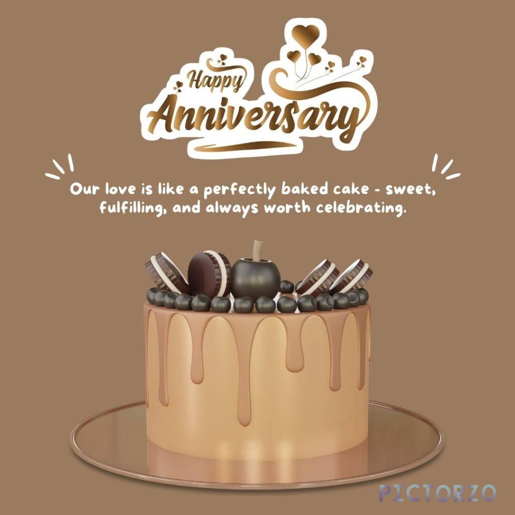 A round, decorated cake with white frosting. The cake has the words "Happy Anniversary" written in red frosting on the top. Below that are additional lines of text in black frosting that say "Our love is like a perfectly baked cake - sweet, fulfilling, and always worth celebrating.