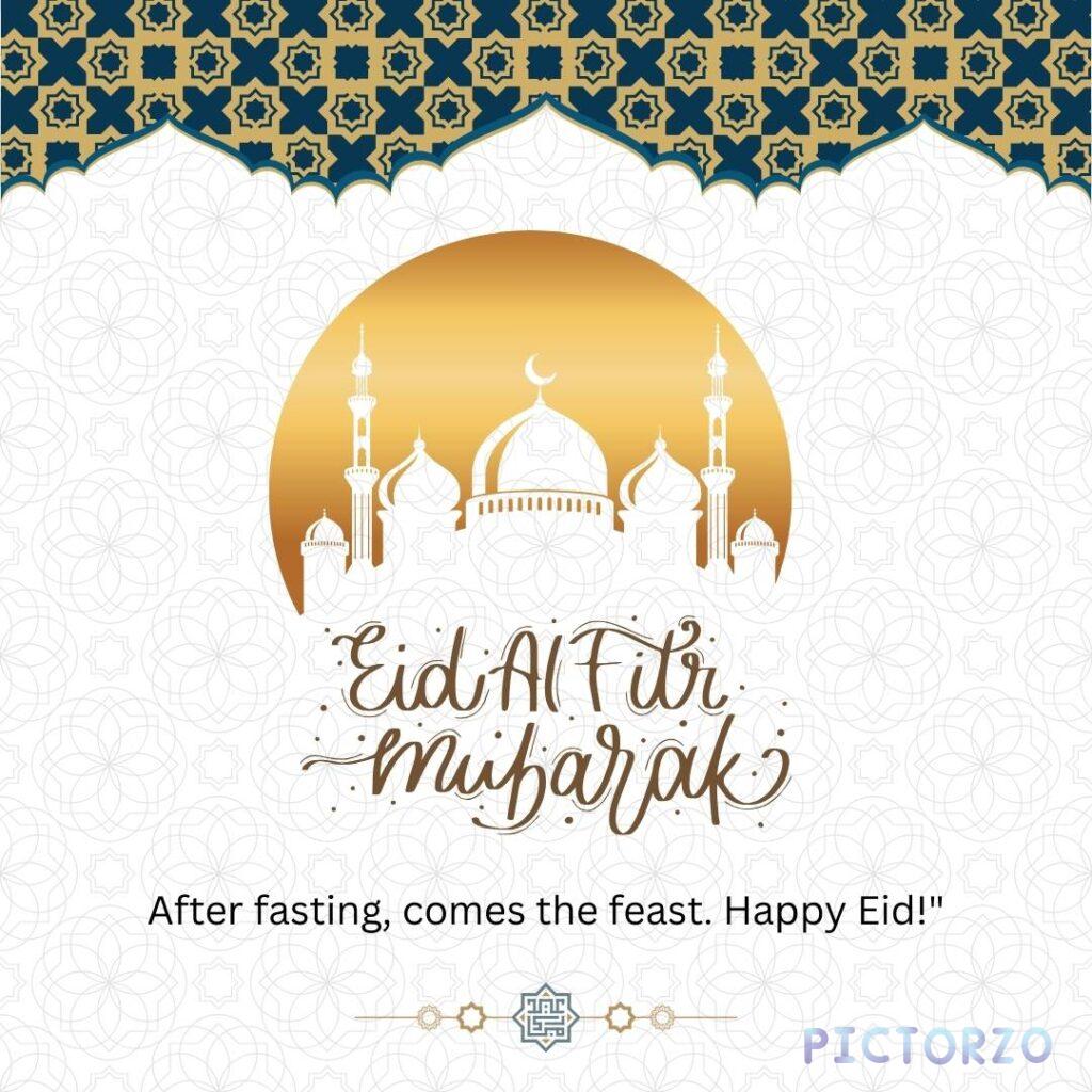 Image of a mosque decorated for Eid al-Fitr, with the text Eid Al Fitr Mubarak written above it. The text translates to Happy Eid al-Fitr and is a Muslim holiday celebrating the end of Ramadan