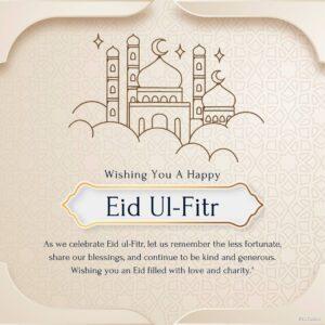 Image of a mosque with crescent moons and stars decorating the top in celebration of Eid ul-Fitr. The text "Eid ul-Fitr Mubarak" is written in Arabic calligraphy on the mosque. Eid ul-Fitr is a Muslim holiday that marks the end of Ramadan, the holy month of fasting. The holiday is a time for celebration, feasting, and charity.