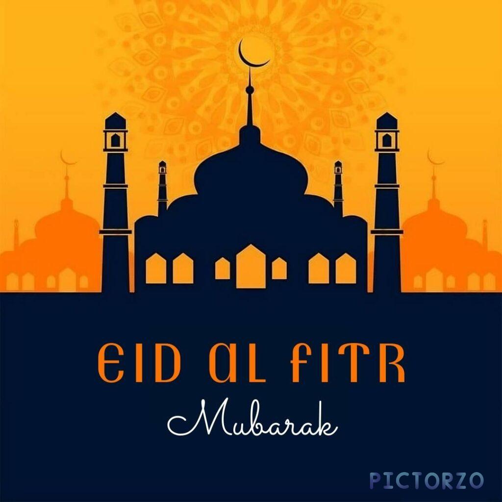 Silhouette of a mosque on a yellow background with text overlay that reads ‘Eid al-Fitr Mubarak 2024’ in celebration of the Islamic holiday Eid al-Fitr