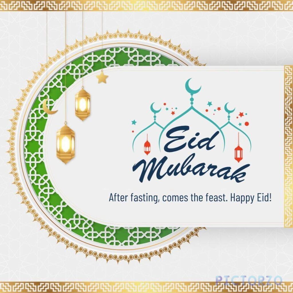 Text-based image celebrating Eid al-Fitr. The text "Eid Mubarak" is written in large white Arabic calligraphy in the center of the image. Below it is the English text "After fasting, comes the feast. Happy Eid!" The background is a gradient of white and gold.