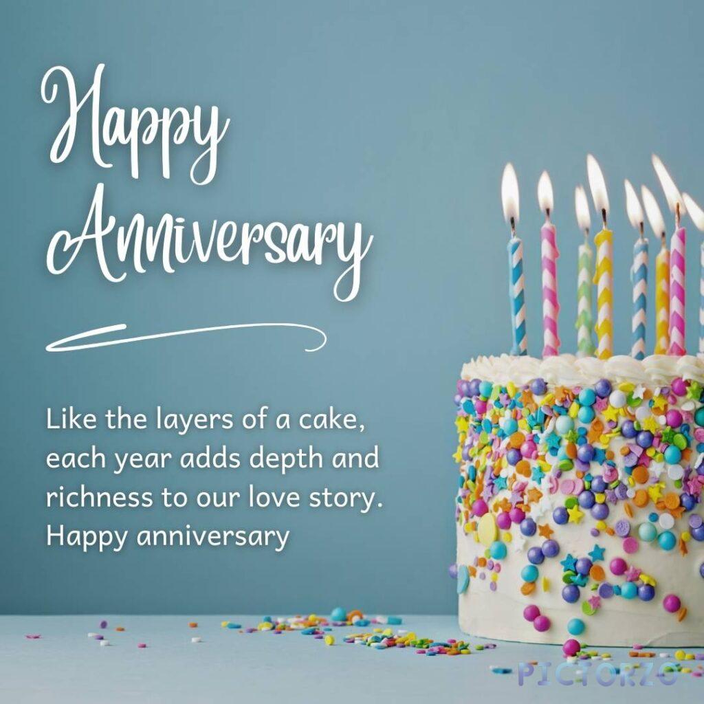 Text overlay on a blue background that reads ‘Happy Anniversary’ in white lettering. Below the text is a message in white lettering that reads ‘Like the layers of a cake, each year adds depth and richness to our love story. Happy Anniversary’