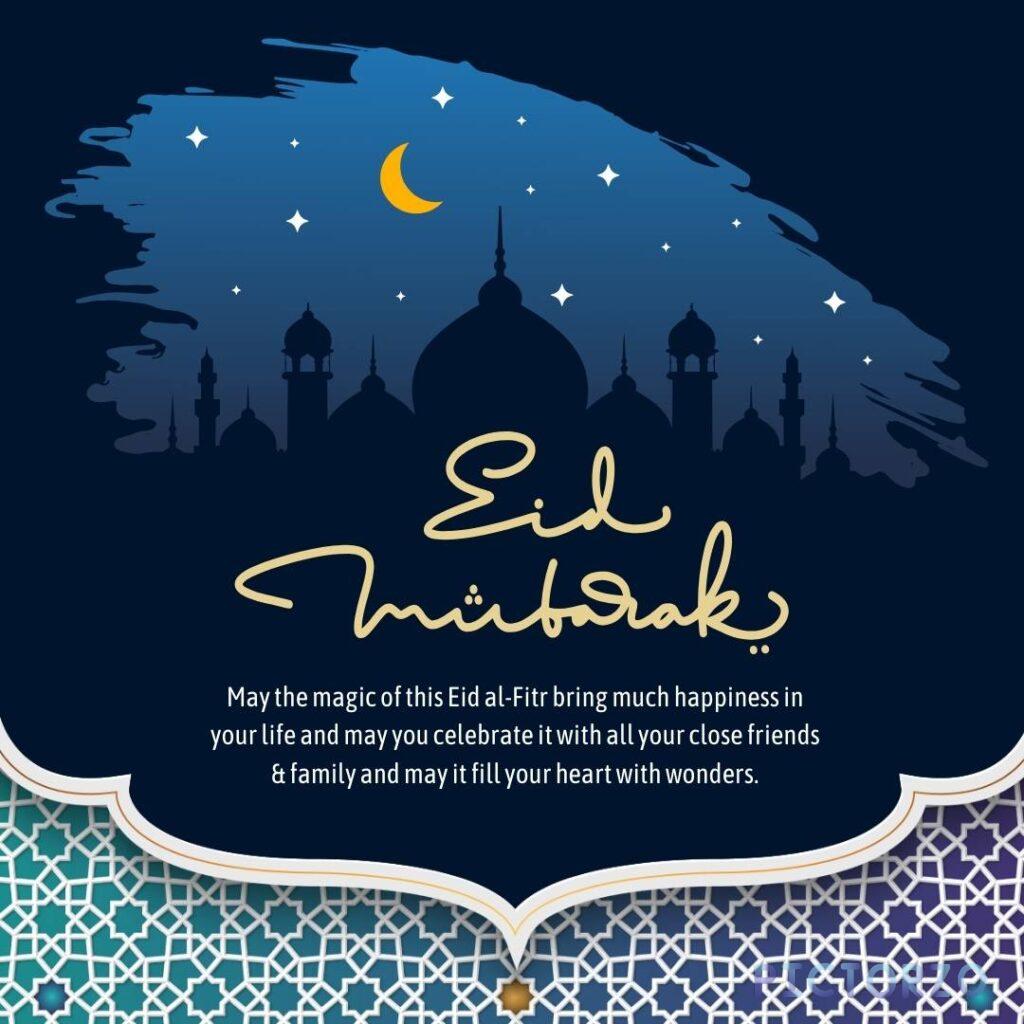 Text overlay on a purple background with a crescent moon and lantern illustration. The text reads ‘May the magic of Eid al-Fitr bring much happiness in your life and may you celebrate it with all your close friends and family.’