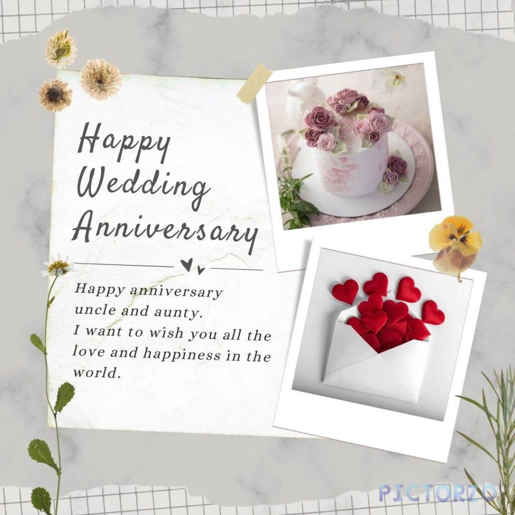 A digital card with text that reads “Happy Wedding Anniversary Uncle and Aunty. I want to wish you all the love and happiness in the world