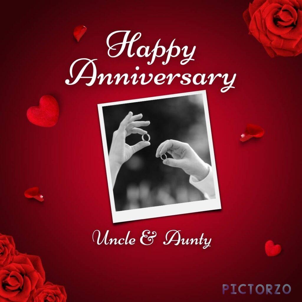 A text graphic reading Happy Anniversary Uncle & Aunty in white lettering on a red background