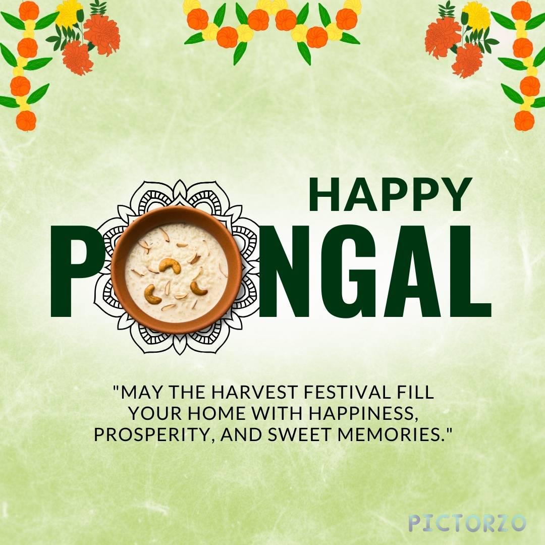 A festive image celebrating Pongal, a South Indian harvest festival. It shows a bowl of sweet Pongal (rice pudding) with dry fruits, surrounded by flowers and the text "Happy Pongal." A message wishes for happiness, prosperity, and sweet memories.