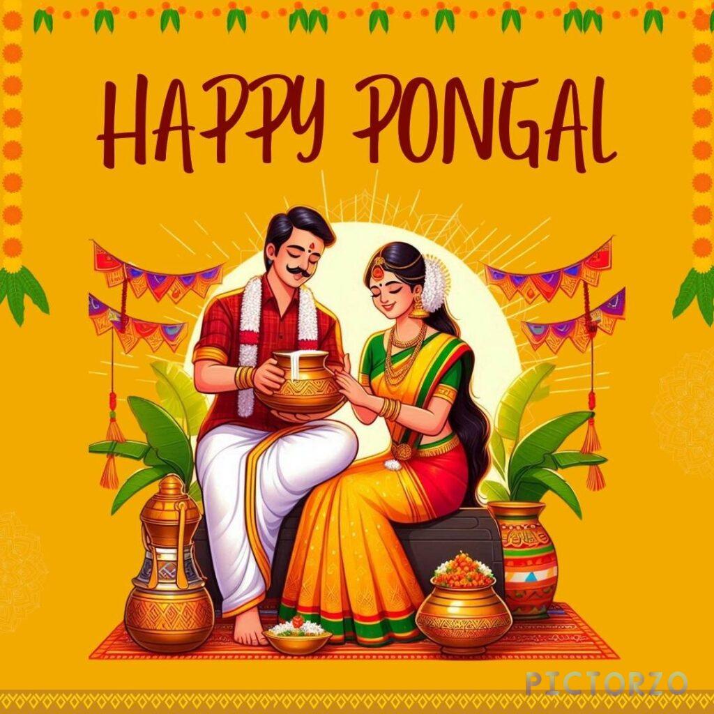 A festive image celebrating Pongal, a South Indian harvest festival. It shows a couple dancing in front of a decorated pot, with a blue background and the text "Happy Pongal." A message wishes for joy, togetherness, and the sweetness of the festival to spread.