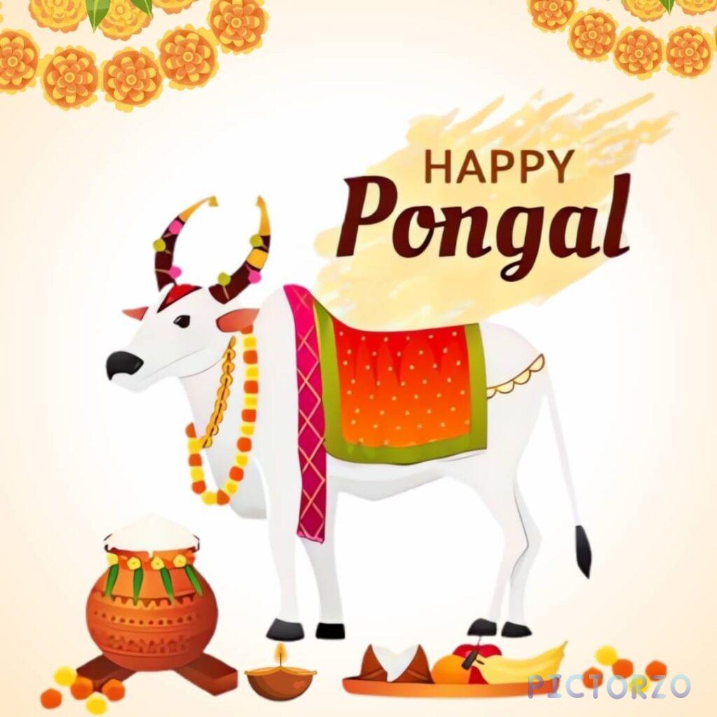 A festive image celebrating Pongal, a South Indian harvest festival. It shows a decorated bull, a traditional clay pot filled with milk, and offerings of fruits, coconuts, and a lit lamp.