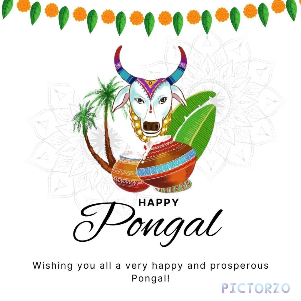 A festive image celebrating Pongal, a South Indian harvest festival. It shows a decorated bull, traditional clay pots filled with milk, a palm tree, and banana leaves. The text "Happy Pongal" and a wish for a prosperous celebration are included.