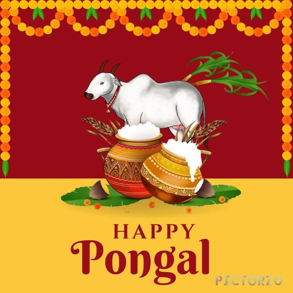 A festive image celebrating Pongal, a South Indian harvest festival. It shows a white cow, traditional clay pots overflowing with milk, sugarcane stalks, and flowers on a red and yellow background. The text "Happy Pongal" is written below.