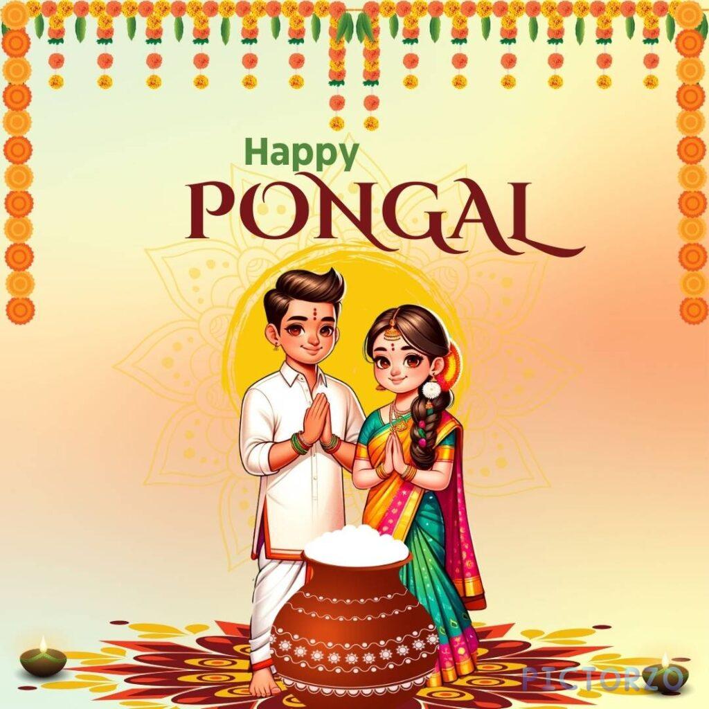 A festive image celebrating Pongal, a South Indian harvest festival. It shows a young couple dressed in traditional clothes, standing in front of a pot filled with rice, with flowers and diyas (oil lamps) around them. The text "Happy Pongal" is written above.