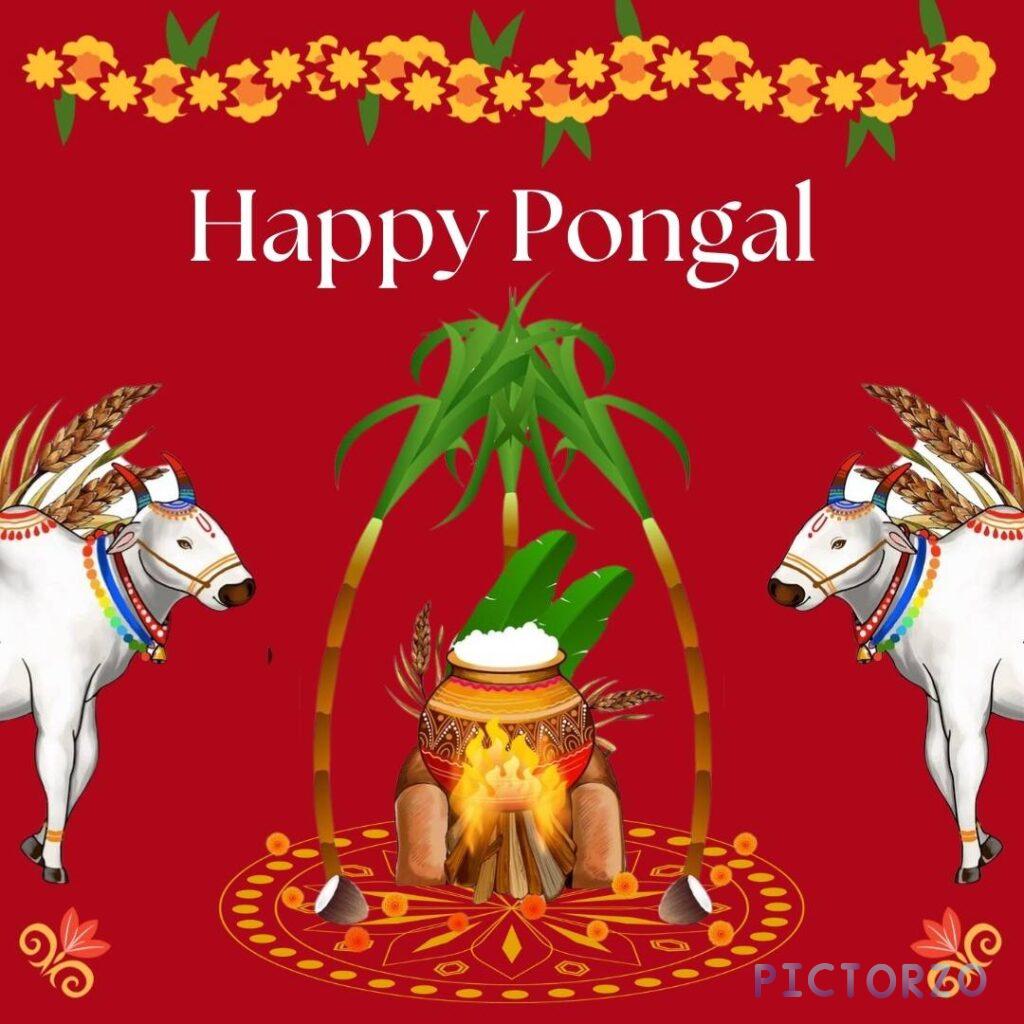 A festive image celebrating Pongal, a South Indian harvest festival. It shows two cows, a traditional clay pot filled with rice, sugarcane stalks, and a fire pit on a red background. The text "Happy Pongal" is written above.