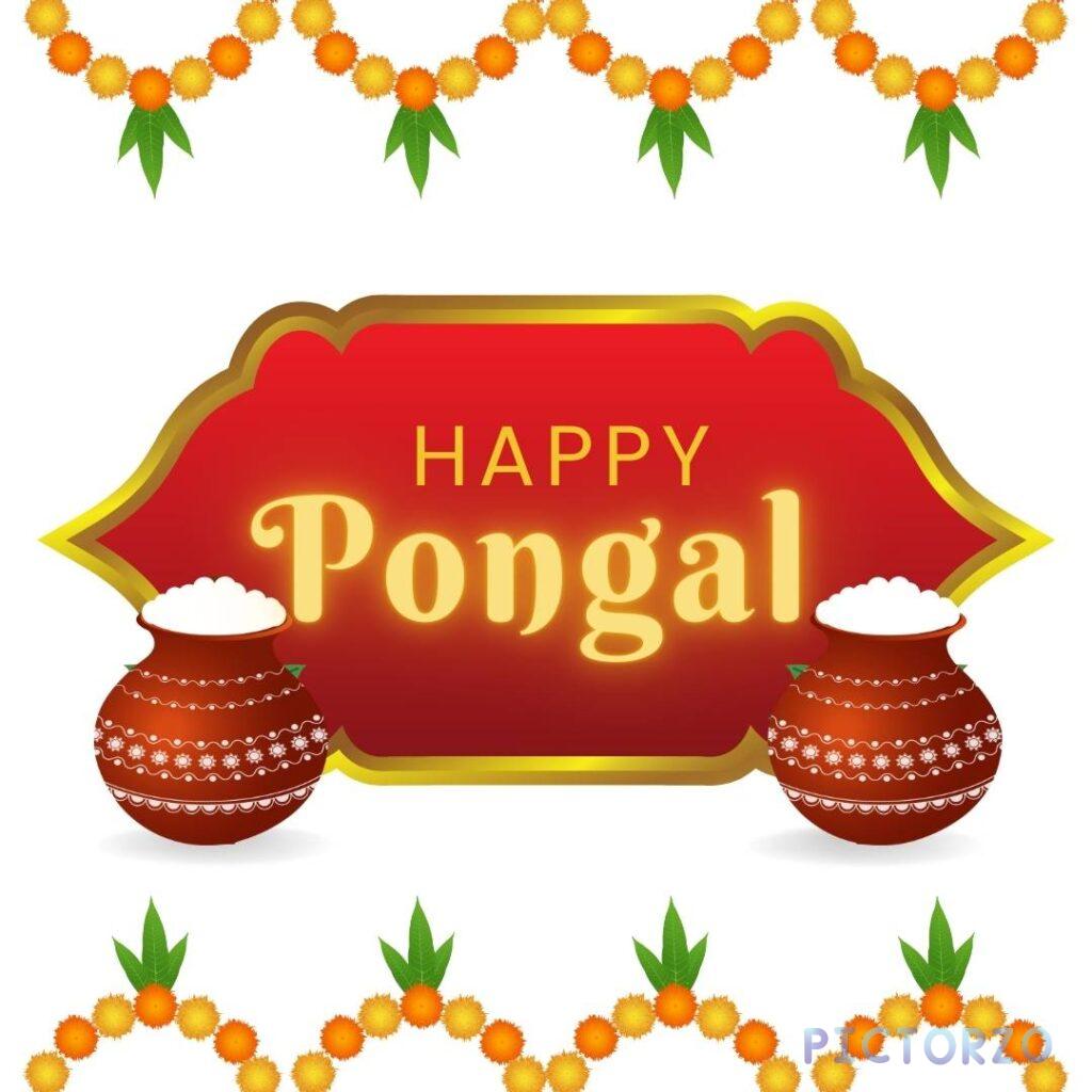 A-festive-image-celebrating-Pongal-a-South-Indian-harvest-festival.-It-shows-two-traditional-clay-pots-filled-with-milk-surrounded-by-flowers-and-the-text-Happy-Pongal-in-a-decorative-frame.